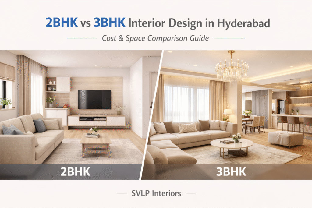 “2BHK vs 3BHK interior design comparison in Hyderabad showing compact and spacious living rooms by SVLP Interiors”