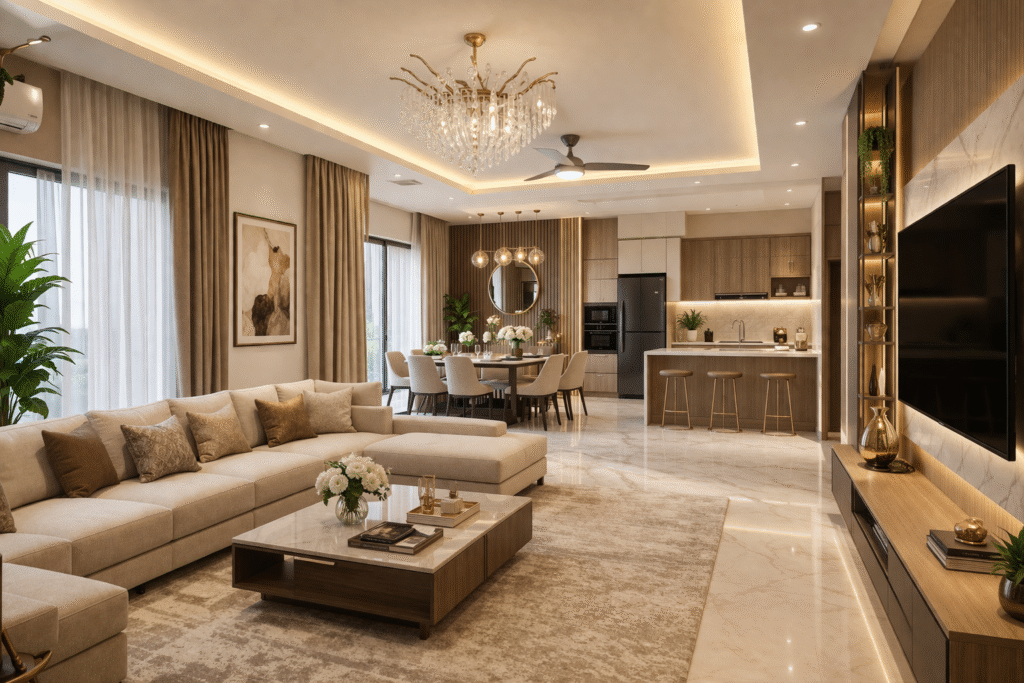 “3BHK interior design Hyderabad spacious living room”